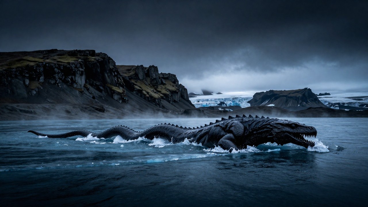 La figura serpentina Näcken emerge de un lago turbulento en un paisaje desolado de Islandia.
