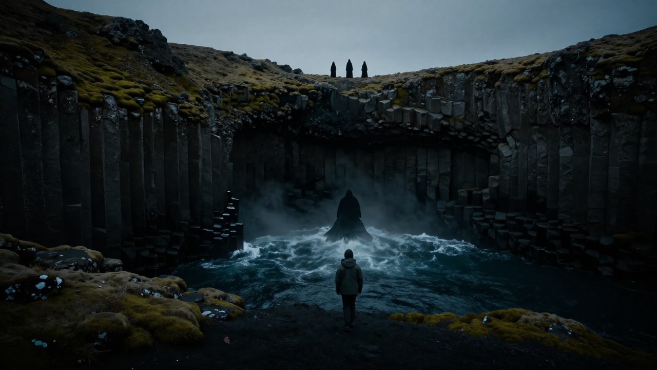 Viajero solitario confronta una entidad mitológica en un fjord islandés, observado por figuras en la distancia.