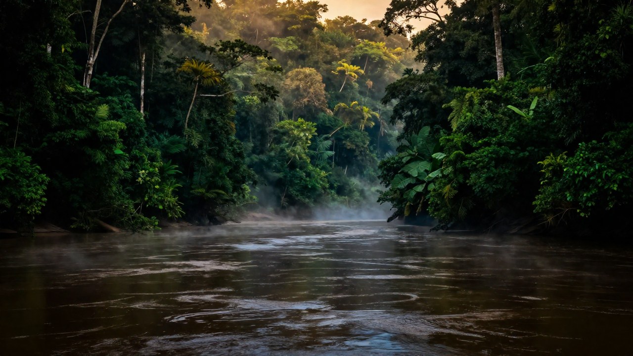 Corrientes vastas y sinuosas del río Amazonas, rodeadas por la densa vegetación y la niebla húmeda.