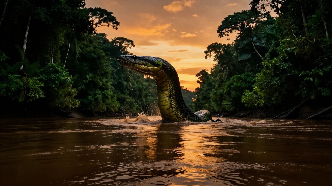 Criatura serpentina gigante emerge del río Amazonas, rodeada por la densa jungla al atardecer.