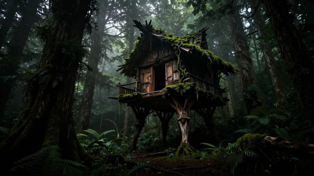 Cabaña ancestral y misteriosa elevada sobre patas delgadas en un denso bosque brumoso.