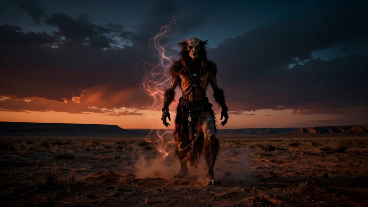 Skinwalker mitológico en las llanuras áridas manifestando energía sobrenatural al anochecer.
