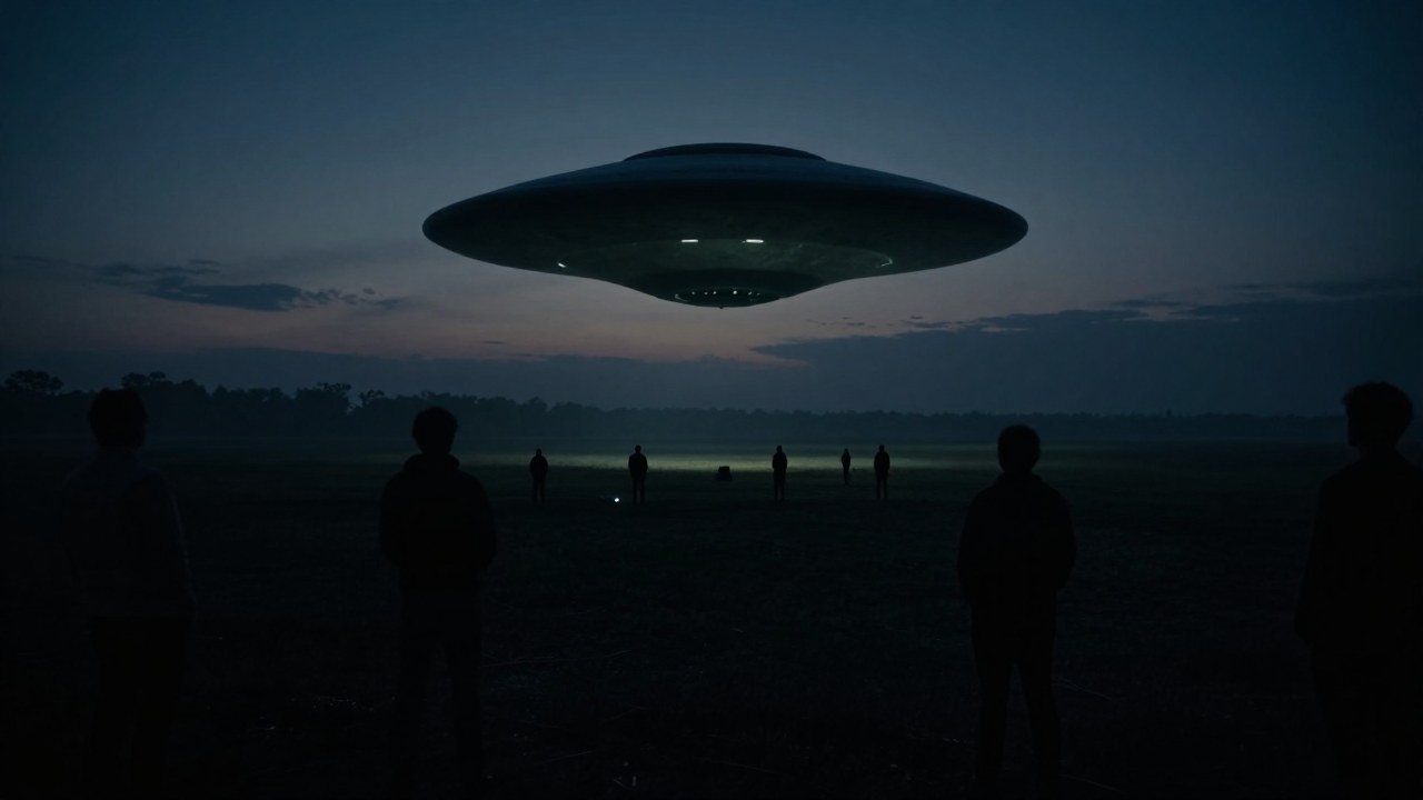 Personas en la oscuridad observan una entidad aérea misteriosa sobre un campo rural al anochecer.