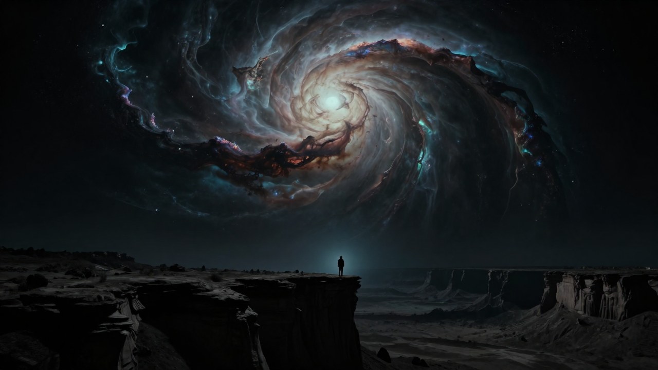 Figura humana en una mesa desolada observando una entidad cósmica gigantesca bajo una nebulosa.