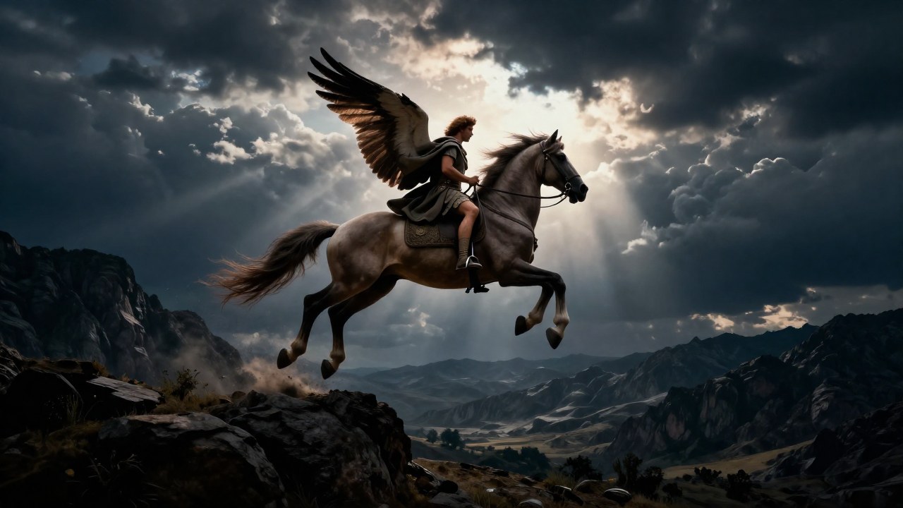 Bellerophon cabalga a Pegaso volando sobre un vasto y accidentado paisaje montañoso.