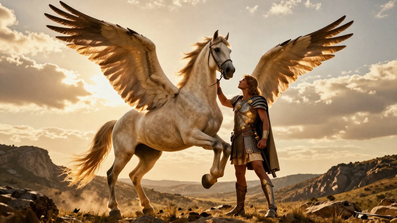 El héroe Bellerophon y Pegasus, el poderoso caballo alado, forman una alianza épica en un paisaje agreste.