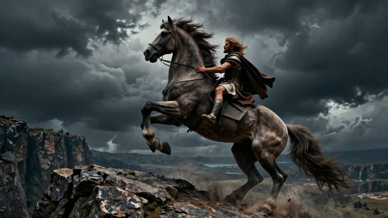 Bellerofon lucha con Pegaso durante una dramática caída desde acantilados en un paisaje tempestuoso.