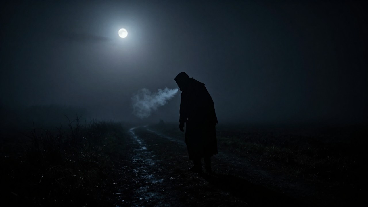 Un personaje parecido a El Silbón aparece caminando en un paisaje rural y neblinoso bajo la noche.