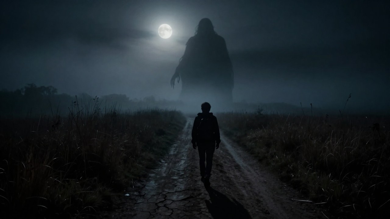 Viajero camina por un camino de tierra en la niebla, enfrente de la silueta de El Silbón.