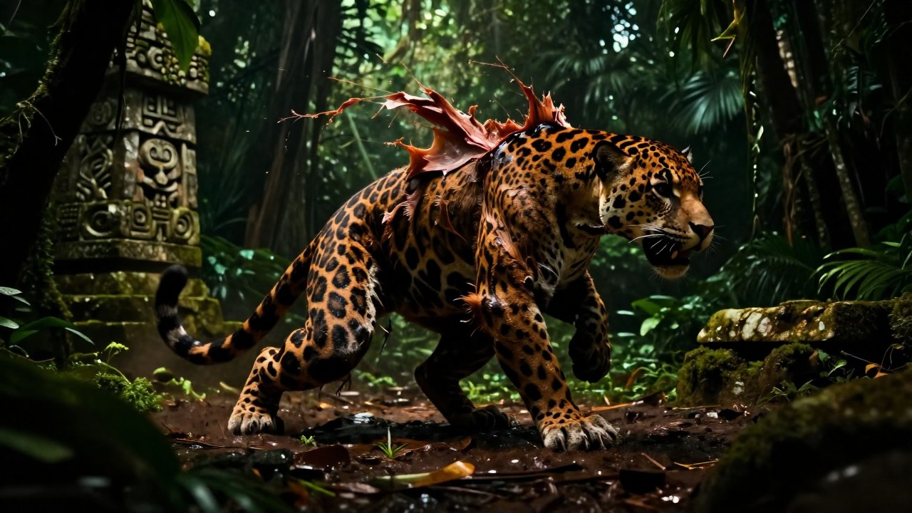 Metamorfosis de una figura humana en jaguar dentro de ruinas de selva mesoamericana.