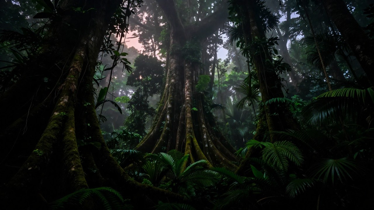 Densa selva amazónica en la penumbra, sugiriendo una presencia misteriosa e imponente en el fondo.