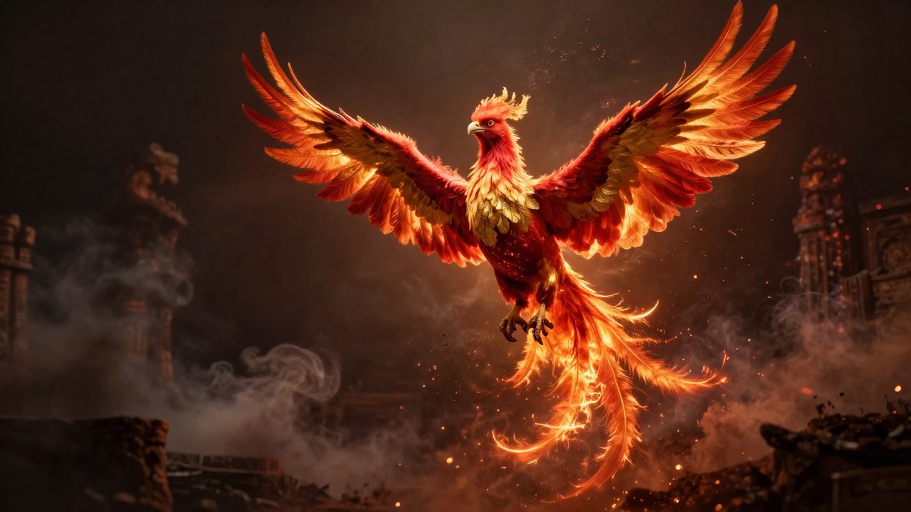 Fénix majestuoso elevándose de cenizas y brasas, símbolo del ciclo de renovación eterna.