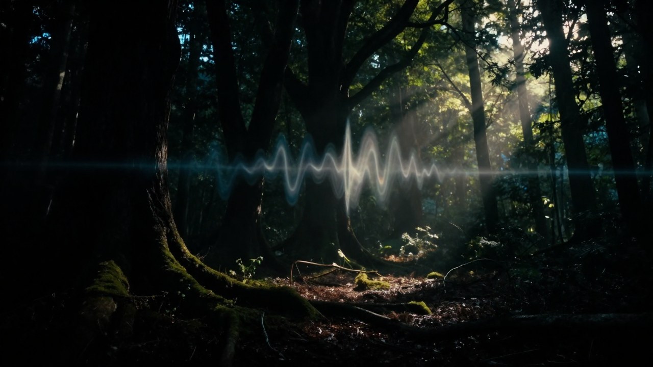 El sonido del Silbón aparece como una distorsión que divide un bosque en zonas de oscuridad y luz.