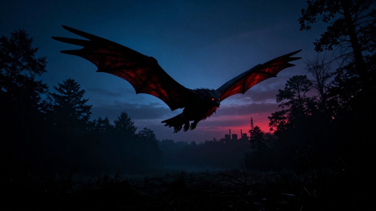 La criatura Mothman, grande y sombría, vuela sobre un bosque brumoso al anochecer, con siluetas industriales en la distancia.