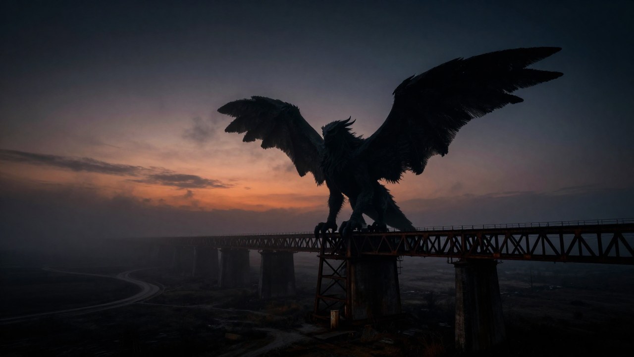 Criatura alada colosal y oscura posada en un puente industrial desolado al atardecer.