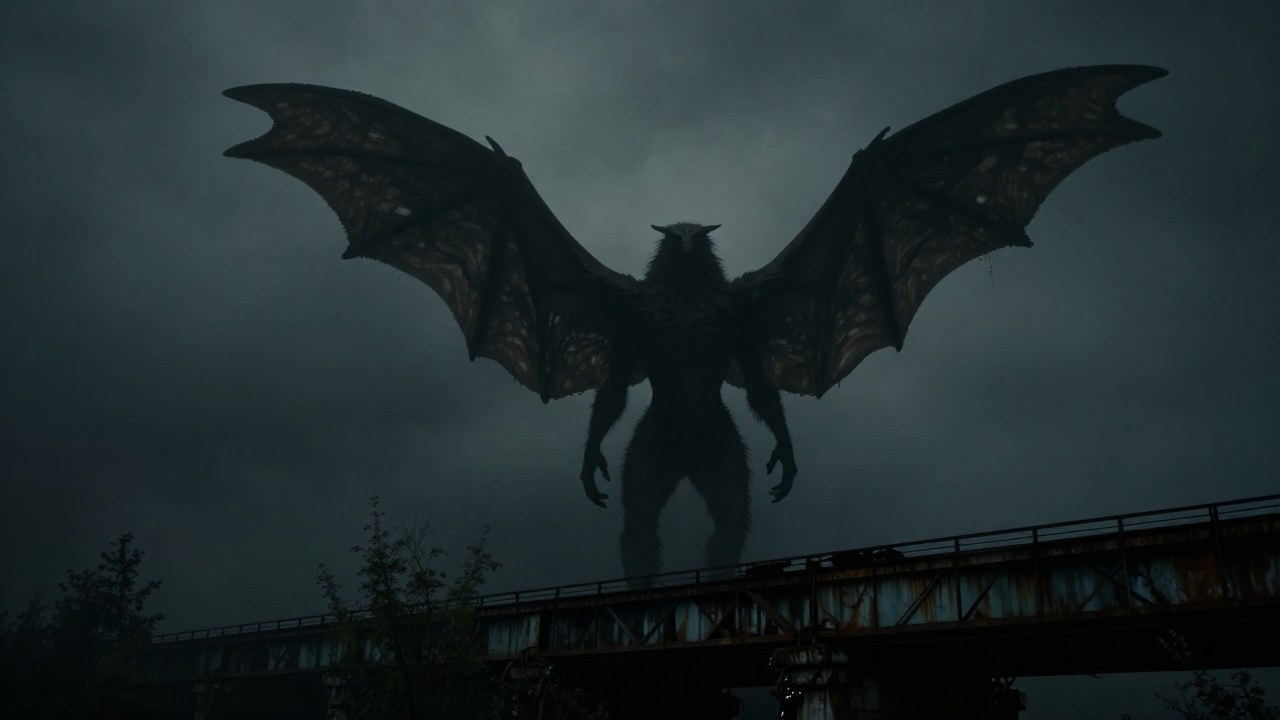 Criatura gigantesca con alas, tipo Mothman, se siluetea en un paisaje brumoso y desolado.