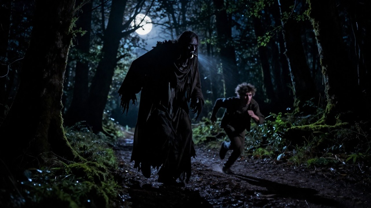 El Silbón, figura espectral, persigue desesperadamente a una persona corriendo por un sendero en el bosque nocturno.