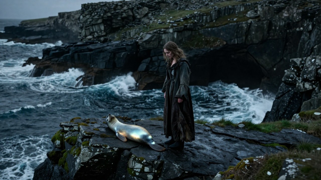 Selkie aislada en un acantilado rocoso, de pie junto a la piel animal que la representa.