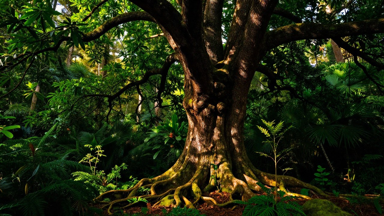 Un majestuoso y antiguo árbol deciduos se alza en un claro de bosque denso y exuberante.
