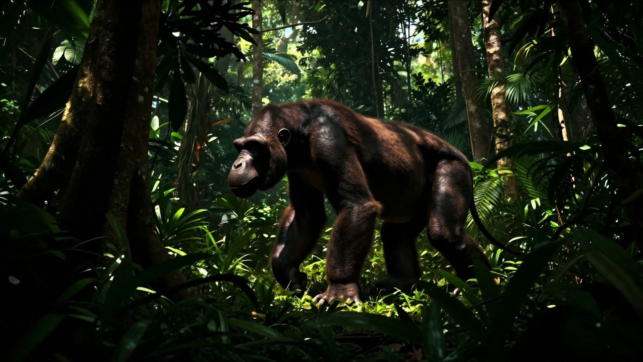 Criatura grande similar a Mokele-Mbembe caminando por una densa y húmeda jungla africana.