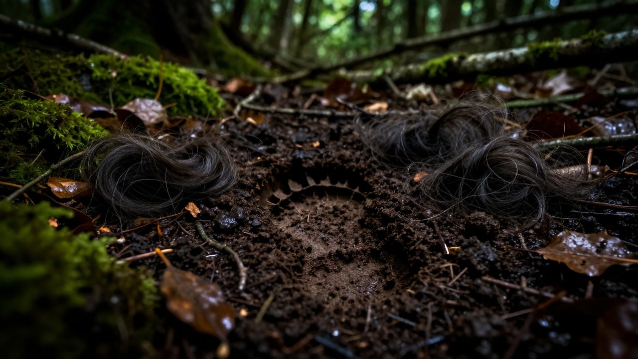 Huellas grandes en suelo húmedo y mechones de pelo en un entorno de bosque denso.