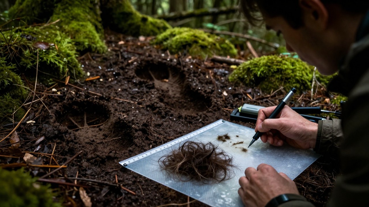 Análisis de evidencia forense de Bigfoot: muestras de cabello y huellas en un entorno boscoso.