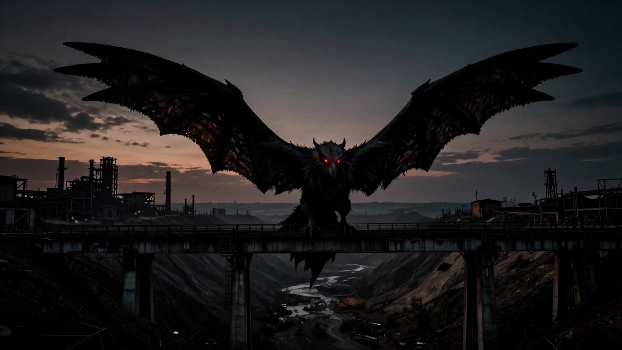 Criatura oscura alada con ojos rojos sobre un puente en un paisaje industrial desolado.