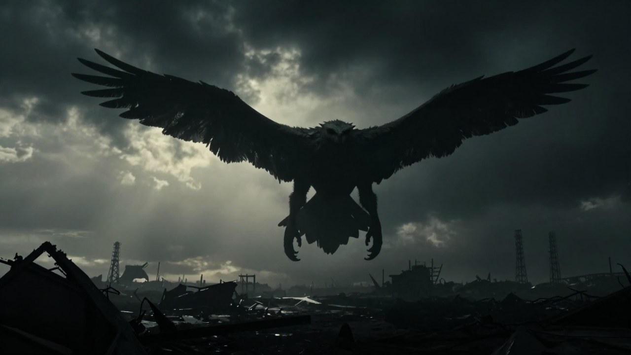 Criatura criptida gigante volando sobre los escombros de un paisaje industrial devastado.