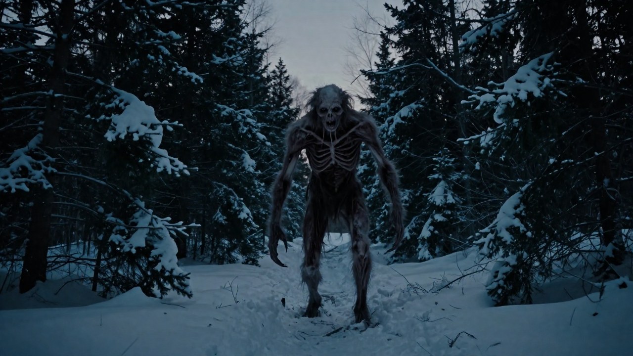 El espectro Wendigo, extremadamente emaciado, se encuentra en un denso bosque nórdico invernal.