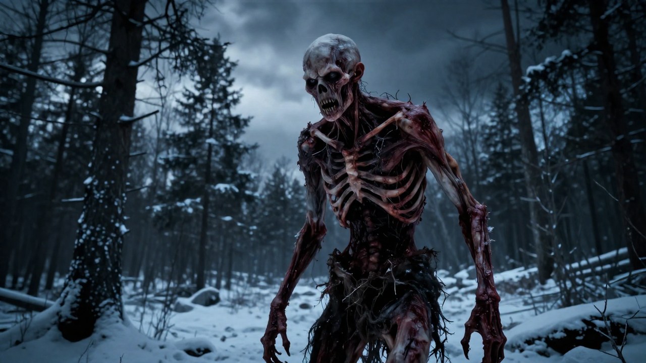 Figura humanoide demacrada en un bosque nevado, simbolizando una insaciable y monstruosa hambruna.