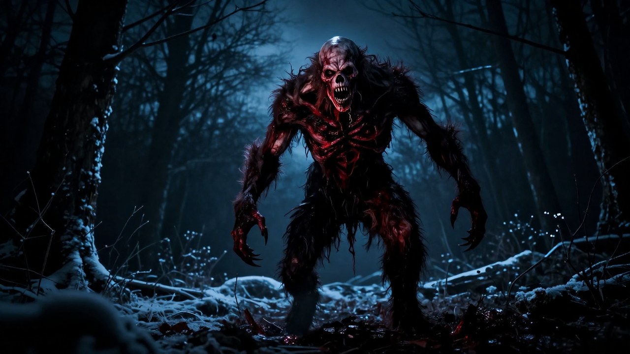 Wendigo demacrado y alto en un bosque desolado y helado bajo un cielo permanentemente oscuro.