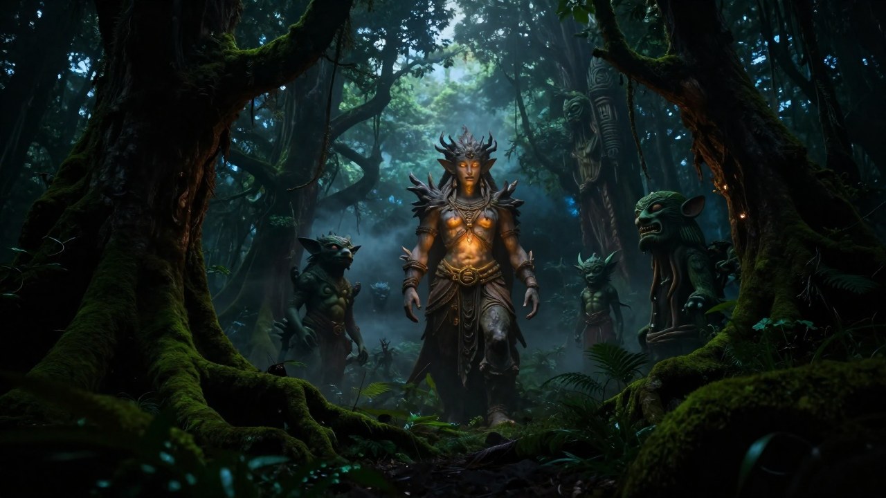 Un guardián poderoso se alza en un bosque místico rodeado de criaturas ancestrales de la mitología.