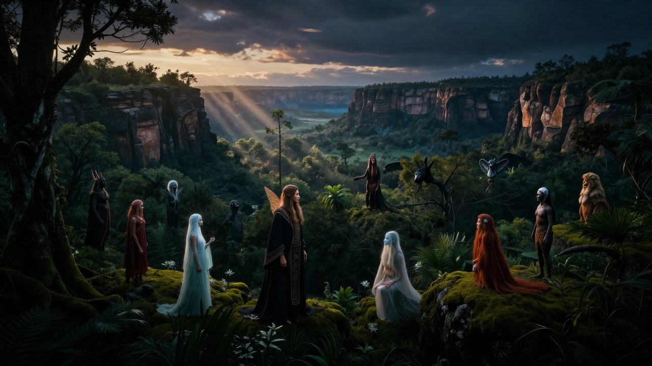 Criaturas mitológicas de diversas culturas convergen en un paisaje forestal antiguo al anochecer.