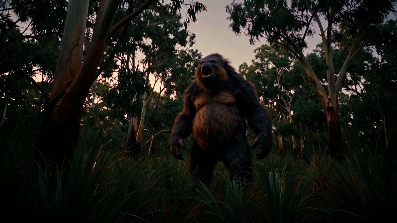 Una criatura Yowie imponente se erige en la densa maleza del interior australiano.