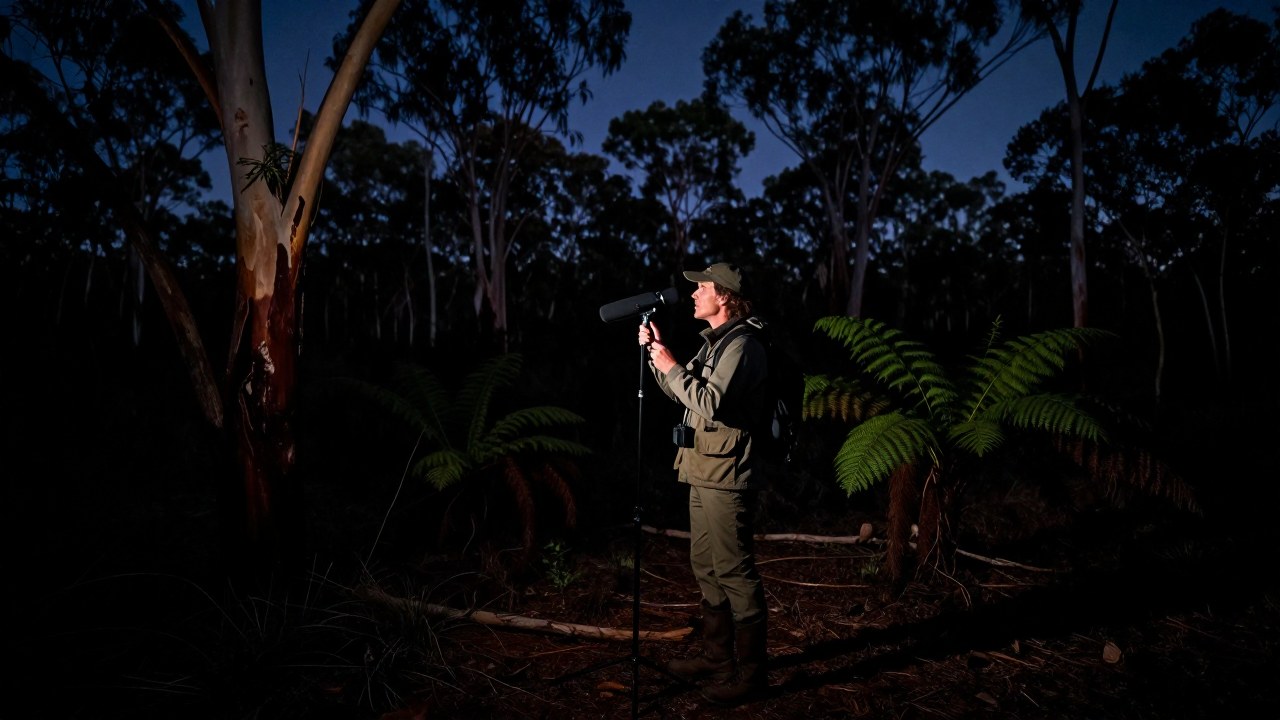 Investigador con equipo de grabación de audio en la espesura del bushland australiano.