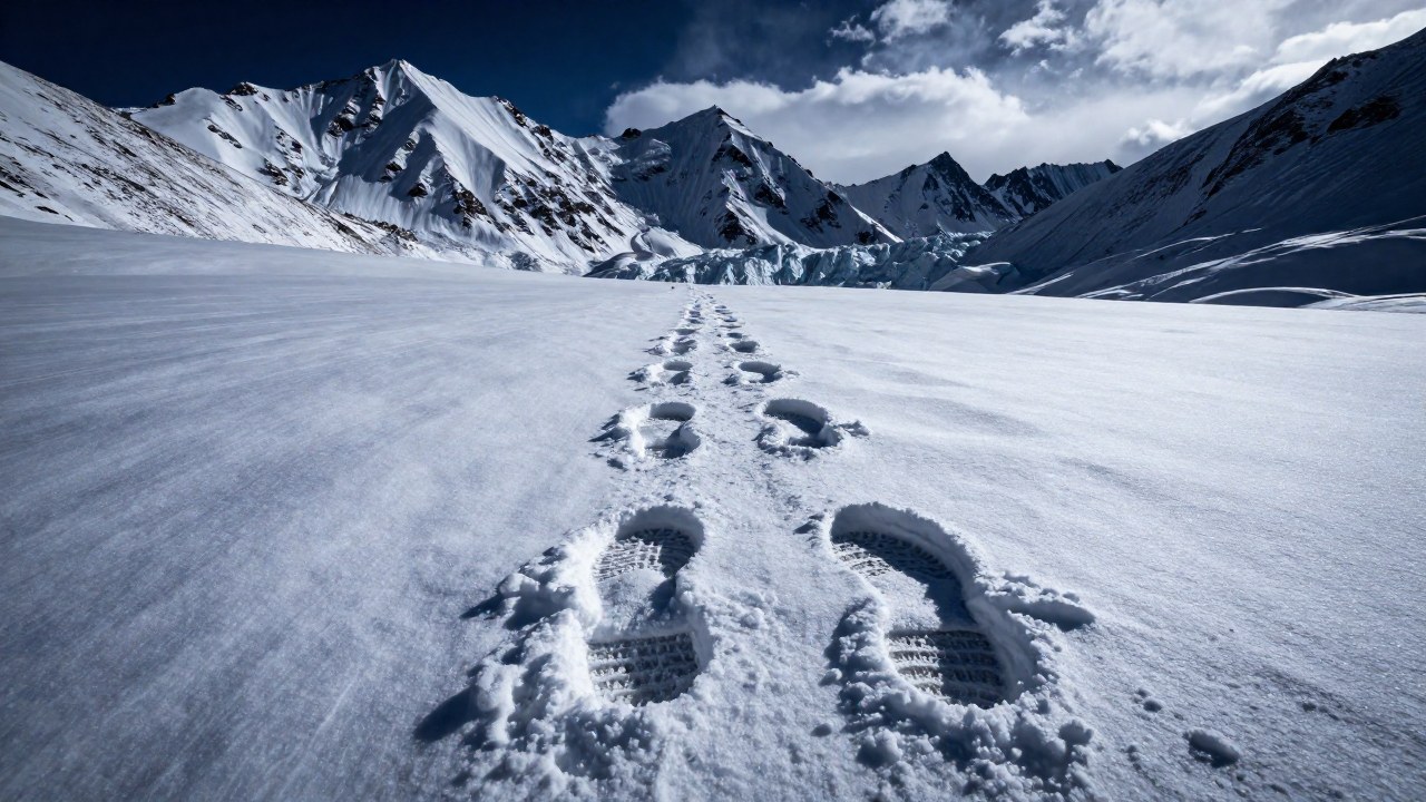 Huellas grandes y distintivas marcando el terreno nevado en las altas montañas del Himalaya.