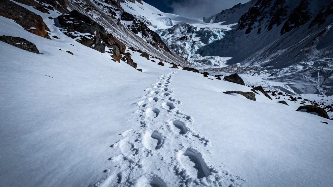 Huellas grandes en nieve fresca sobre un sendero accidentado en la alta cordillera del Himalaya.